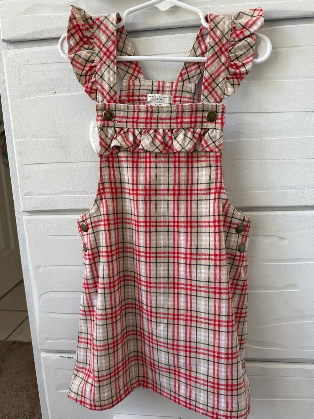 Max Studio Girls Plaid Pinafore Dress in Red and Cream
